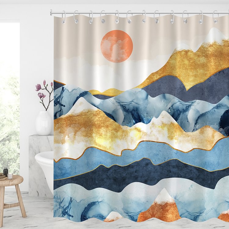 Waterproof Shower Curtains With 12 Hooks Bathroom Decor - Watercolor Mountains by Sunrise Scenery-BlingPainting-Customized Products Make Great Gifts