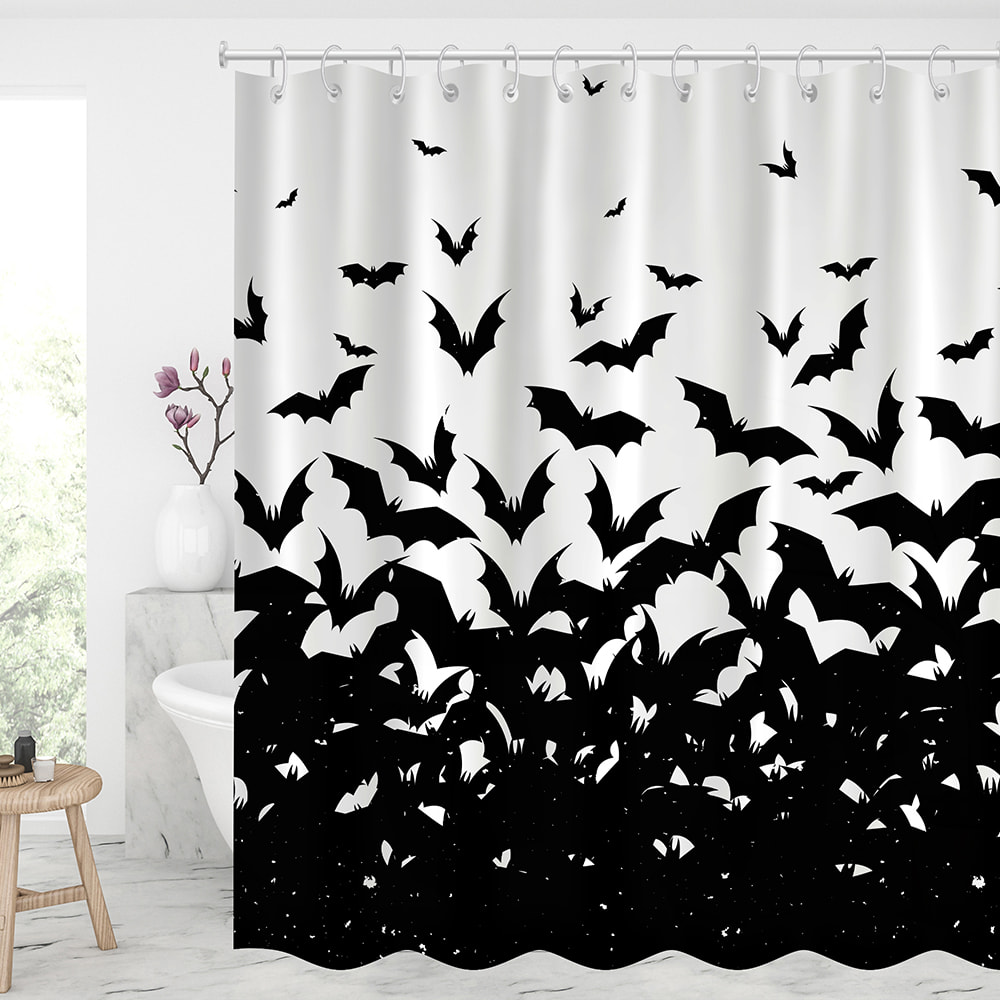 Halloween Bat Pattern Shower Curtains With 12 Hooks