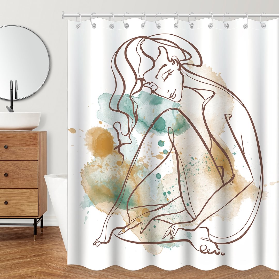 Waterproof Shower Curtains With 12 Hooks - Line Drawing of Woman Body-BlingPainting-Customized Products Make Great Gifts