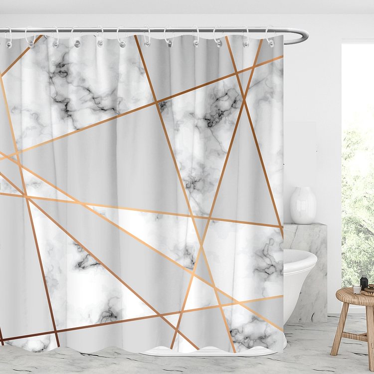 Marble Texture With Golden Geometric Lines Waterproof Shower Curtains With 12 Hooks-BlingPainting-Customized Products Make Great Gifts