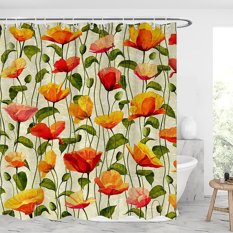 Poppies Pattern Waterproof Shower Curtains With 12 Hooks-BlingPainting-Customized Products Make Great Gifts