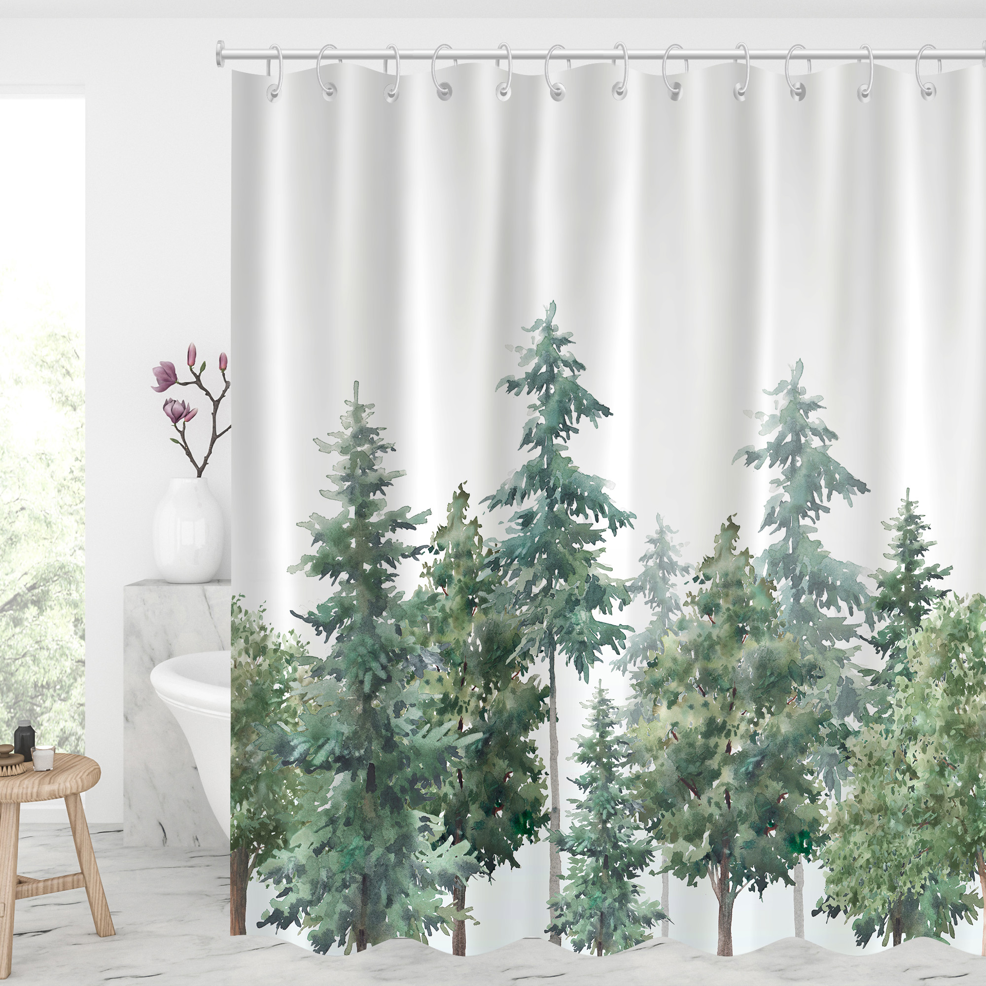 Waterproof Shower Curtains With 12 Hooks Christmas Presents - Watercolor Tree-BlingPainting-Customized Products Make Great Gifts