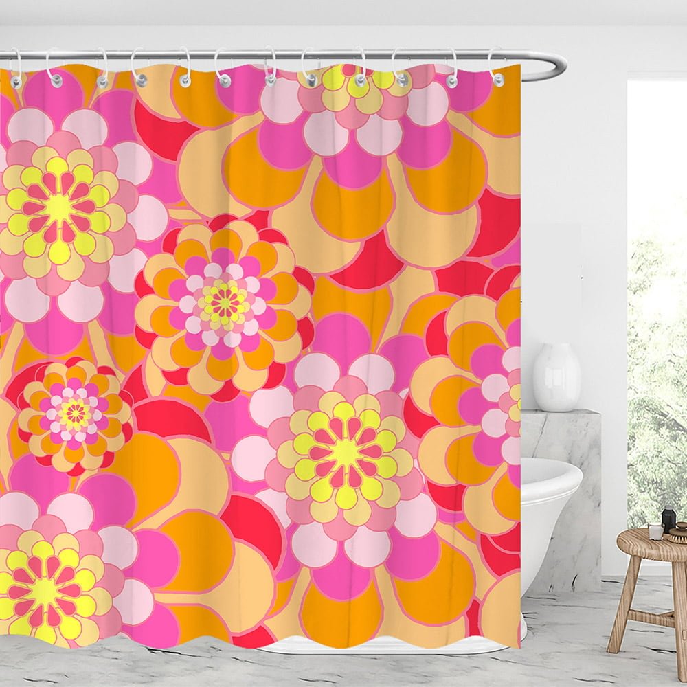 Orange Floral Waterproof Shower Curtains With 12 Hooks-BlingPainting-Customized Products Make Great Gifts