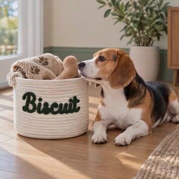 Personalized Dog Toy Basket with Name, Rope Pet Storage, 3 Sizes