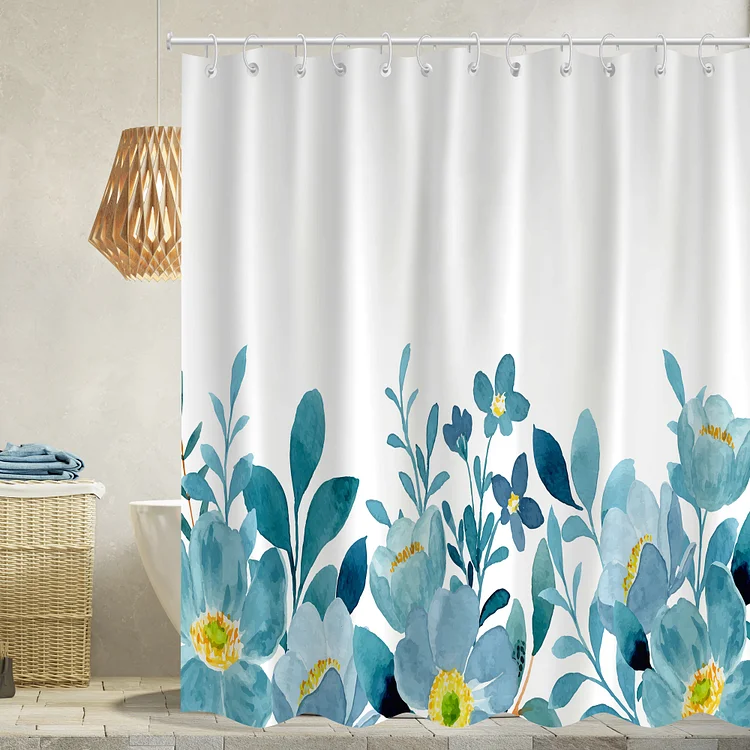 Watercolor Blue Flower Bouquet Waterproof Shower Curtains With 12 Hooks-BlingPainting-Customized Products Make Great Gifts
