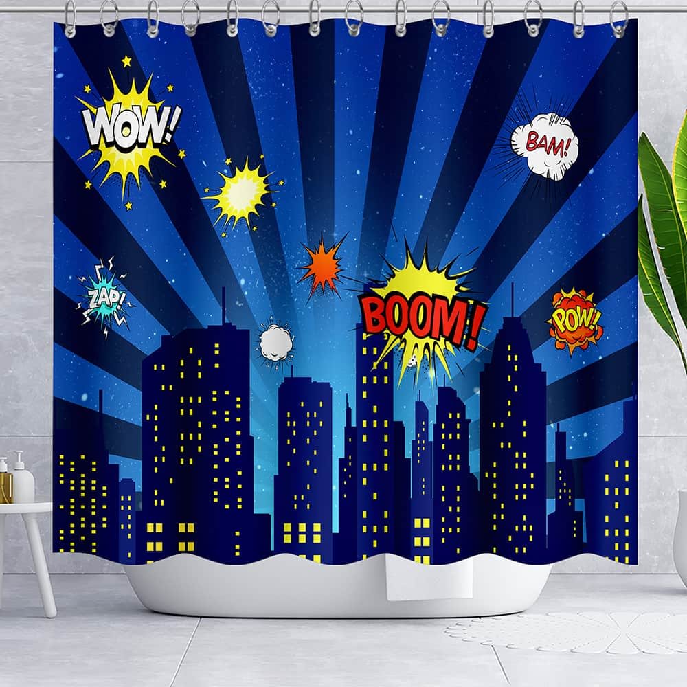 Superhero Style Cityscape Waterproof Shower Curtains With 12 Hooks-BlingPainting-Customized Products Make Great Gifts