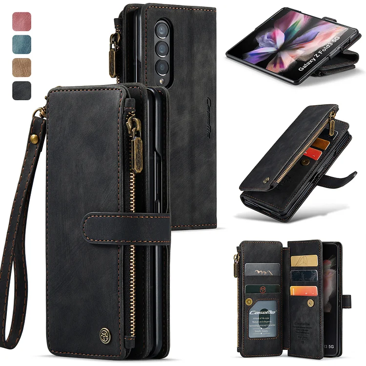 Magnetic Wallet Flip Lanyard Strap Wristlet Zipper Card Holder Case For Samsung Galaxy Z Fold 3 4