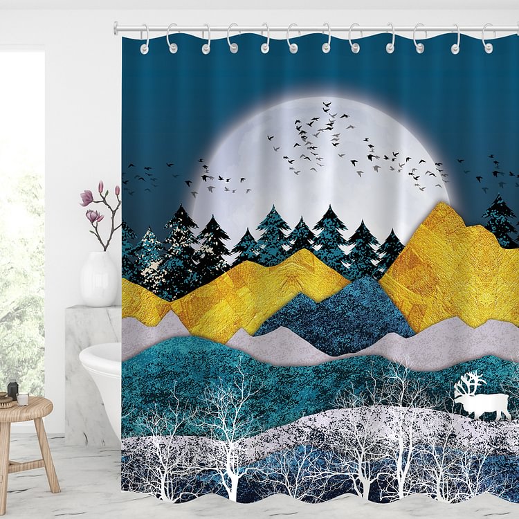 Waterproof Shower Curtains With 12 Hooks Bathroom Decor - Mountains Forest Christmas View-BlingPainting-Customized Products Make Great Gifts