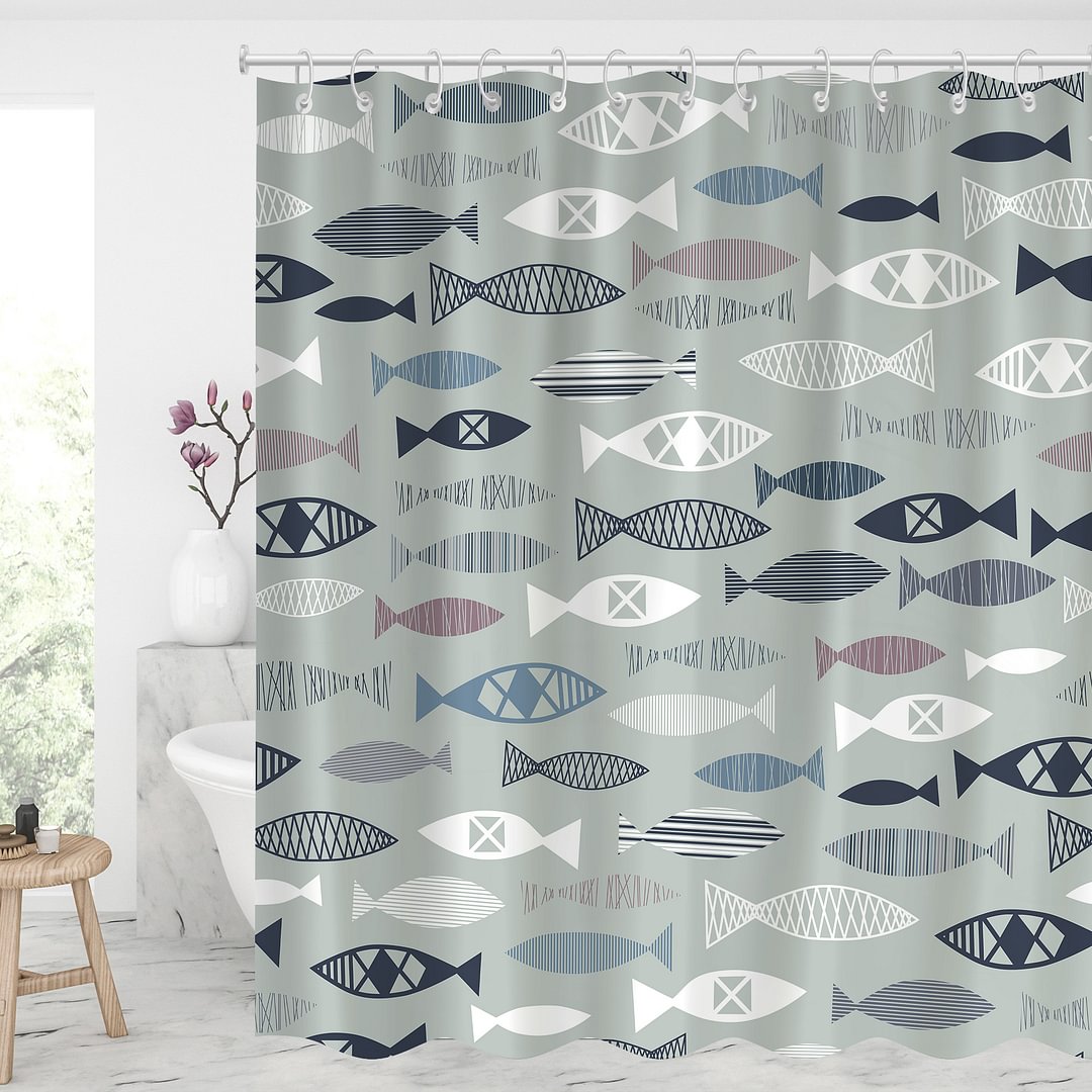 Abstract Line Fish Waterproof Shower Curtains With 12 Hooks-BlingPainting-Customized Products Make Great Gifts