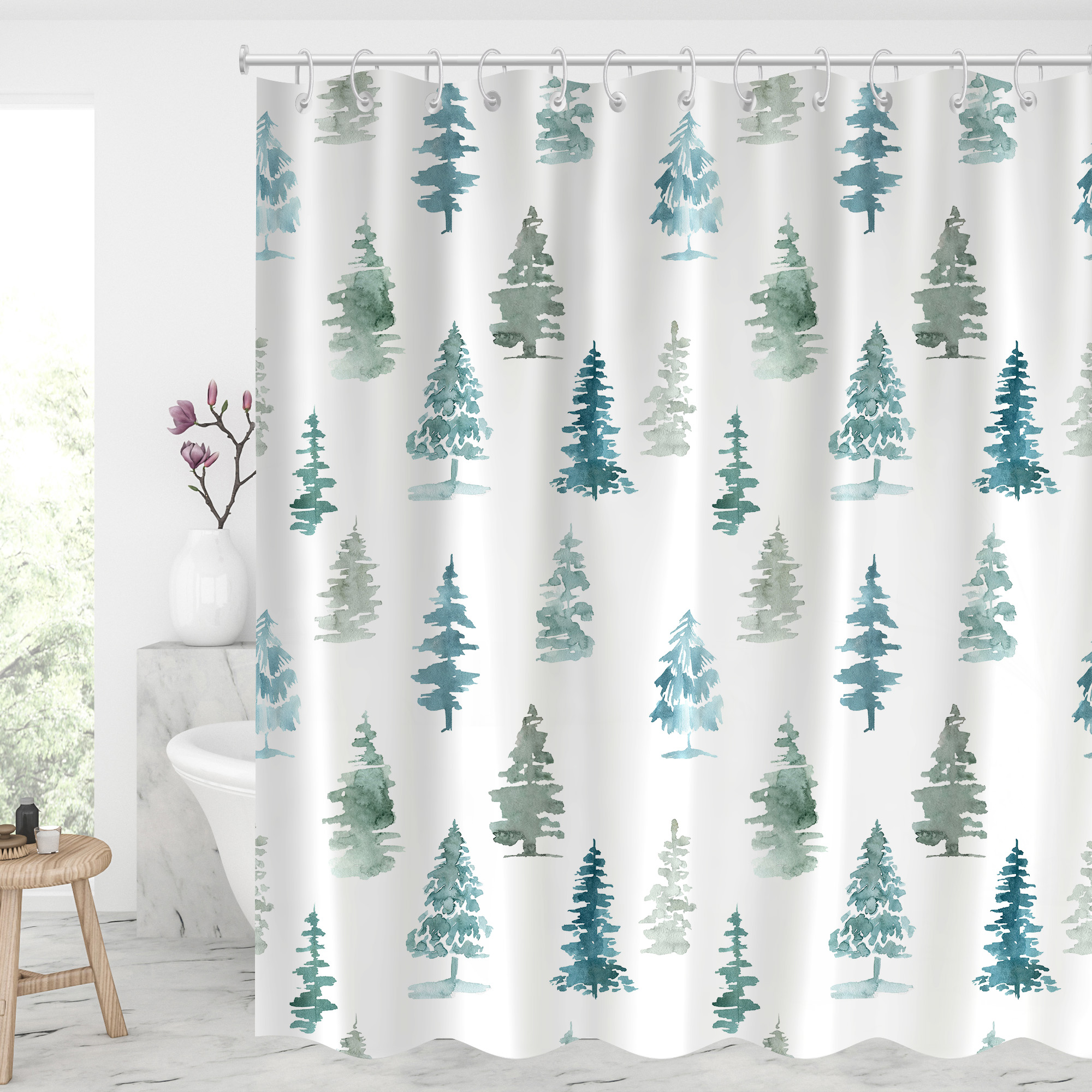 Waterproof Shower Curtains With 12 Hooks Christmas Decor - Christmas Trees-BlingPainting-Customized Products Make Great Gifts