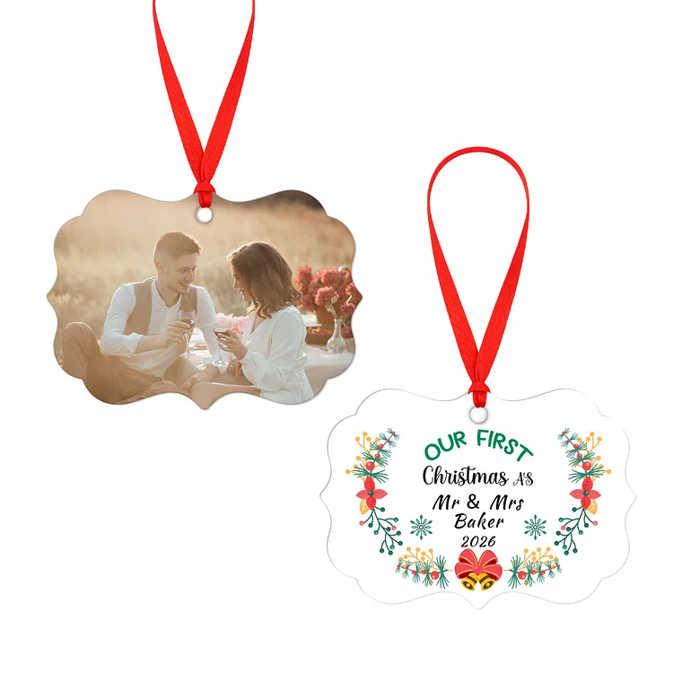 Custom Photo Christmas Ornament – Irregular Rectangle Acrylic Double-Sided Decoration with Red Ribbon