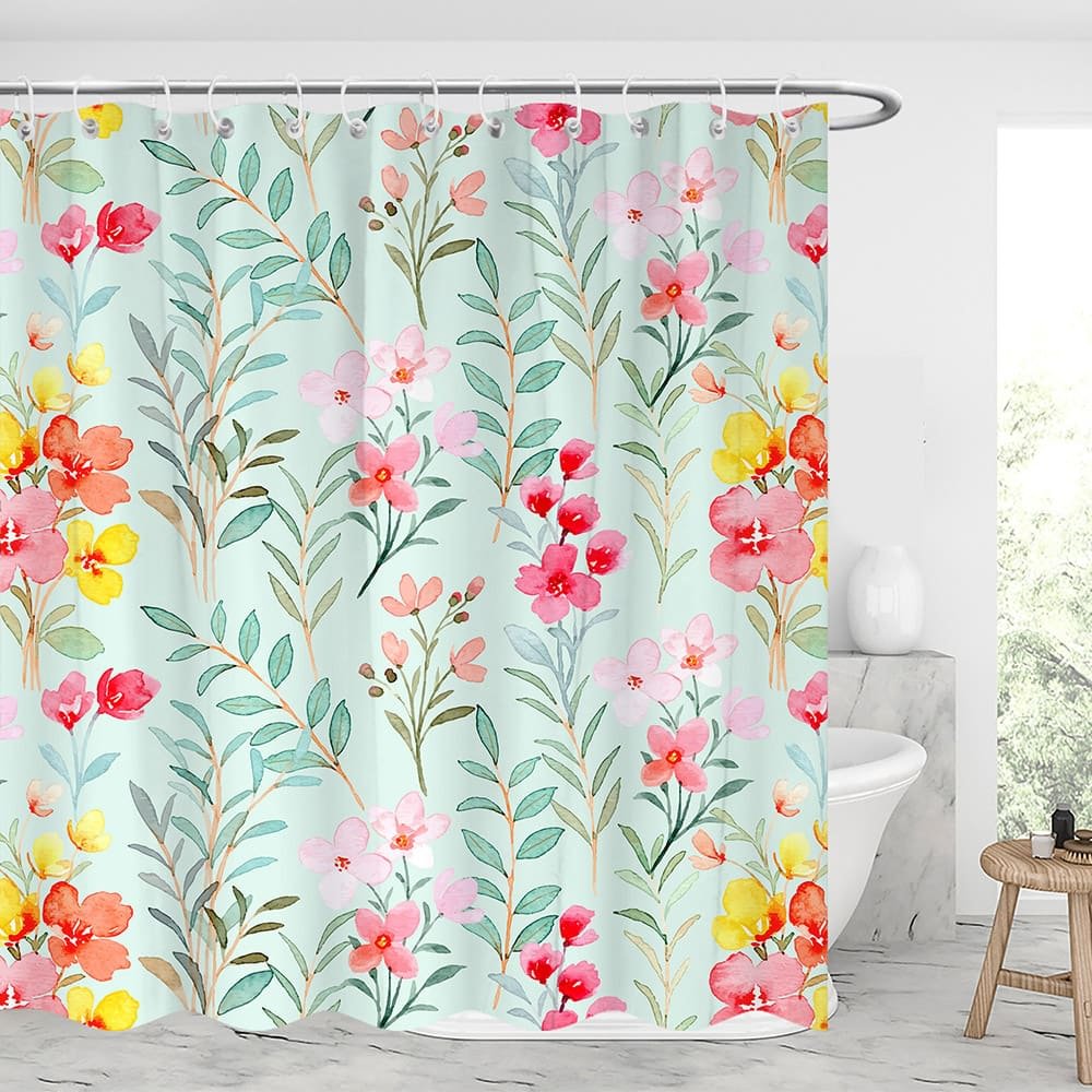 Floral Leaf Waterproof Shower Curtains With 12 Hooks-BlingPainting-Customized Products Make Great Gifts