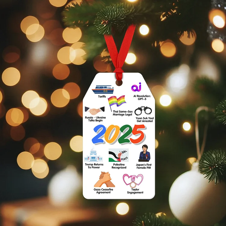 2025 Year in Review Christmas Ornament | Double-Sided Acrylic Gift Tag Keepsake with Red Ribbon