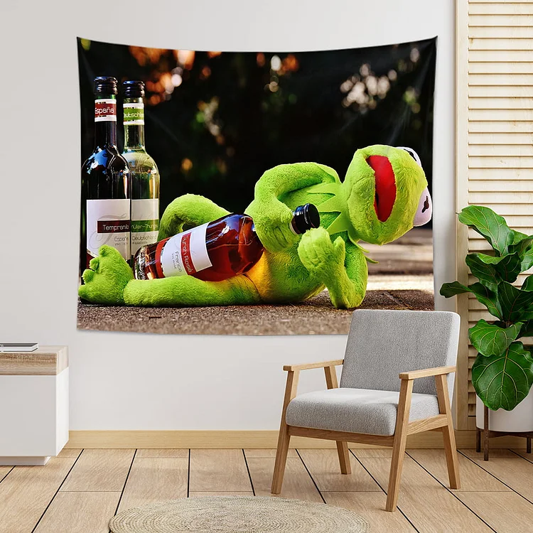 Kermit Frog with Wine Tapestry Wall Hanging-BlingPainting-Customized Products Make Great Gifts