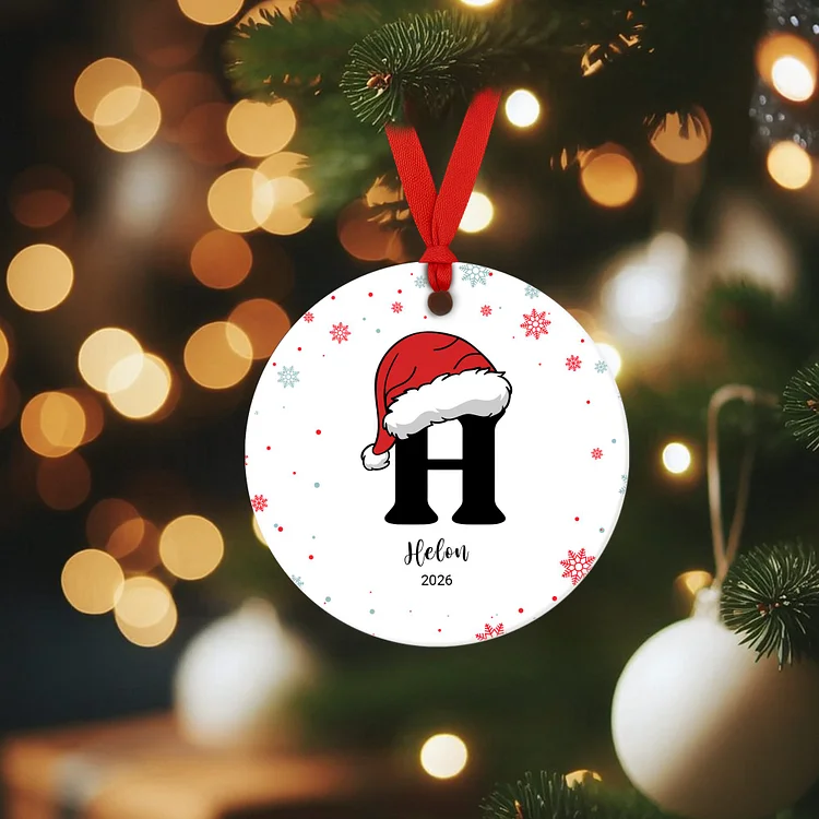 Personalized Round Christmas Ornament – Custom Name & Initial Acrylic Decoration with Red Ribbon | 3.25"x3.25" Holiday Gift