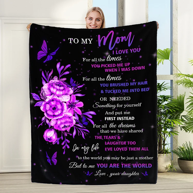 Purple Flowers and Butterflies Fleece Blanket - A Letter To Mom From Daughter, Good Presents for Mum-BlingPainting-Customized Products Make Great Gifts