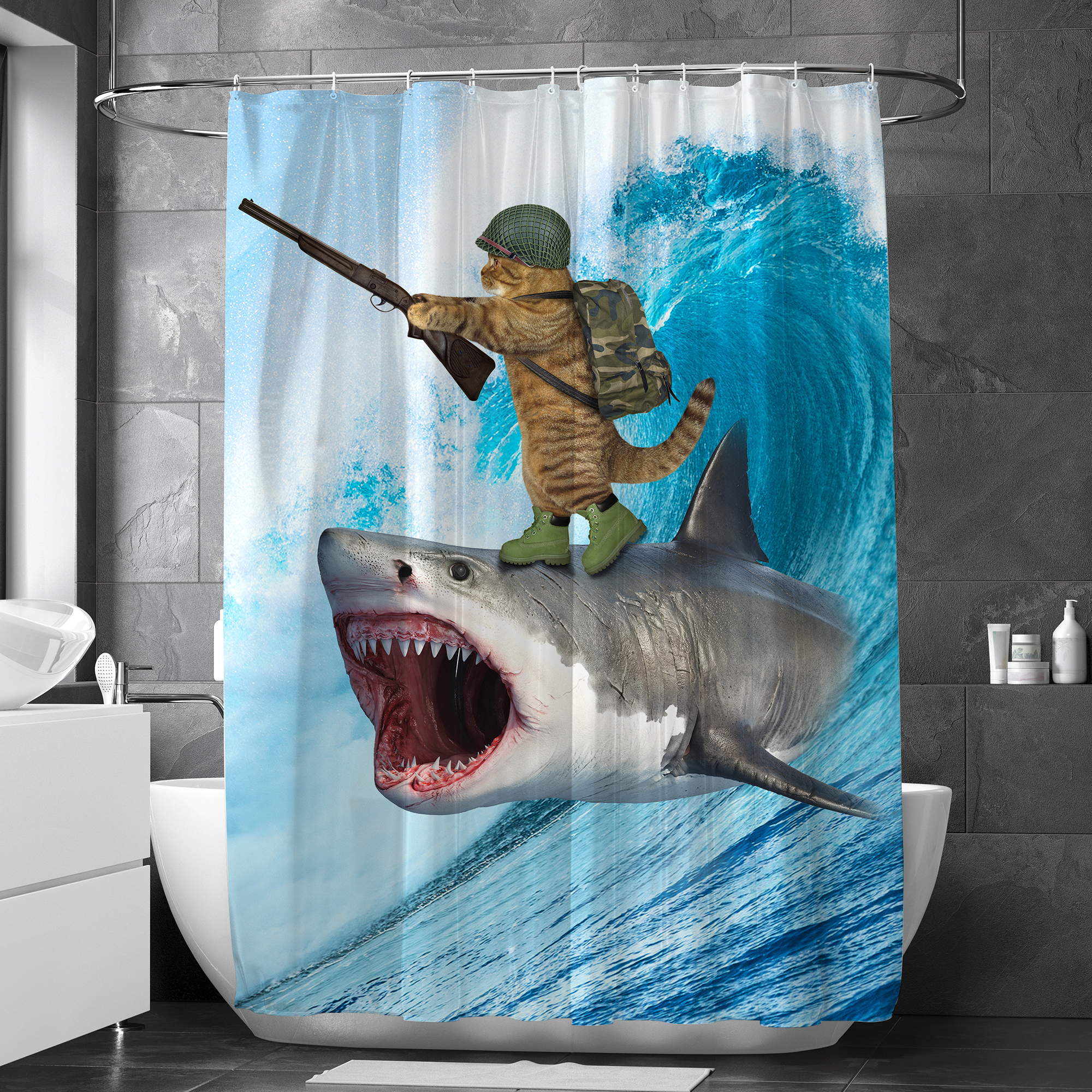 Cat Shot Gun Waterproof Shower Curtains With 12 Hooks-BlingPainting-Customized Products Make Great Gifts
