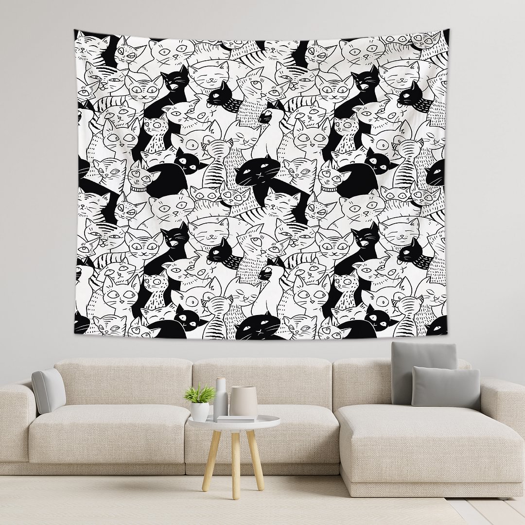 Black & White Cartoon Cat Tapestry Wall Hanging-BlingPainting-Customized Products Make Great Gifts