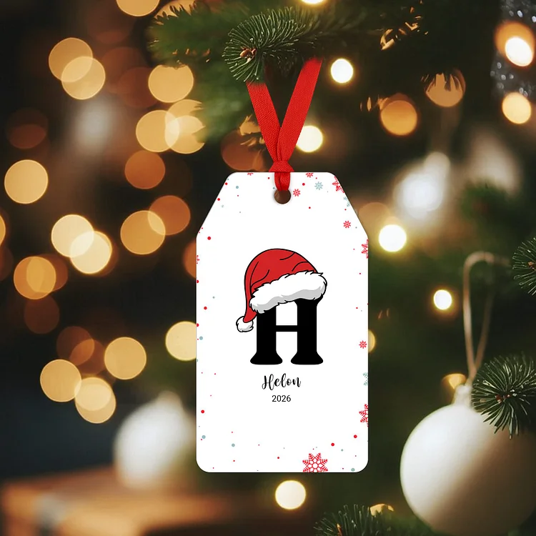 Custom Gift Tag Christmas Ornament – Personalized Name & Initial Acrylic Keepsake with Red Ribbon | 3"x5" Holiday Gift