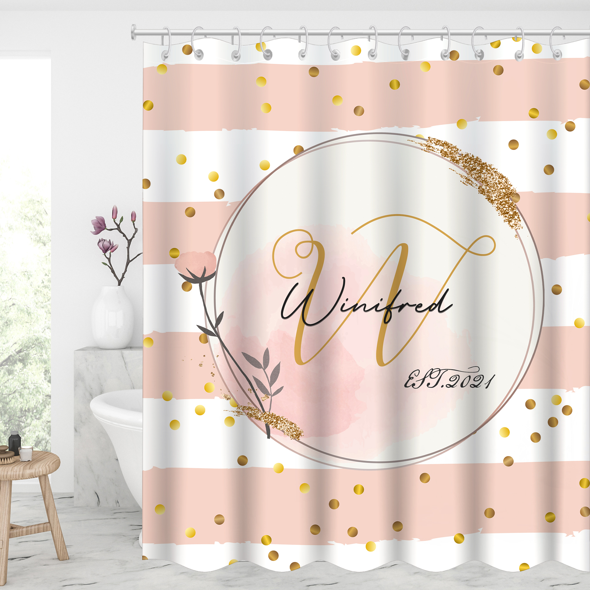 Custom Monogram Split Letter Name Pink Glitter Waterproof Shower Curtains With 12 Hooks-BlingPainting-Customized Products Make Great Gifts