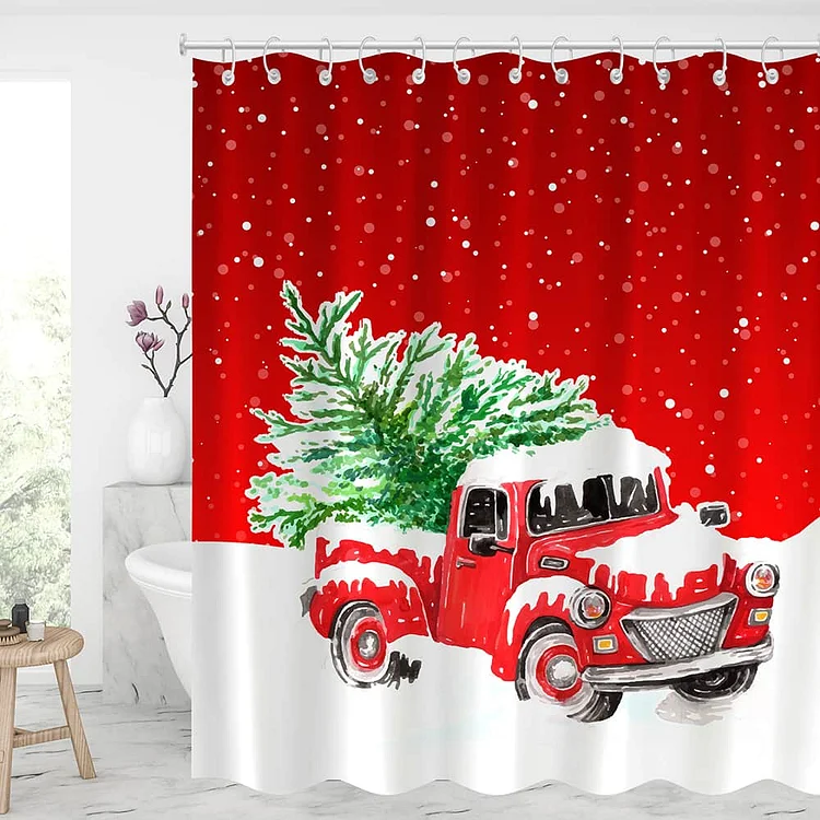 Vintage Christmas Red Truck with Christmas Tree Shower Curtains With 12 Hooks - Best Gifts Decor-BlingPainting-Customized Products Make Great Gifts