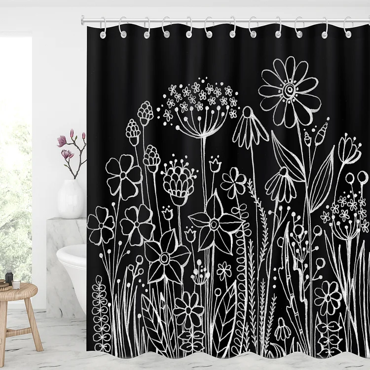 Waterproof Shower Curtains With 12 Hooks Bathroom Decor - Black Flowers and Grass-BlingPainting-Customized Products Make Great Gifts