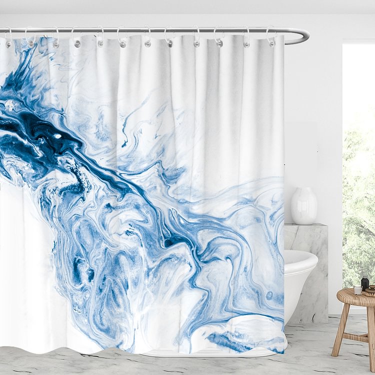 White Marble With Dark Blue Waterproof Shower Curtains With 12 Hooks-BlingPainting-Customized Products Make Great Gifts