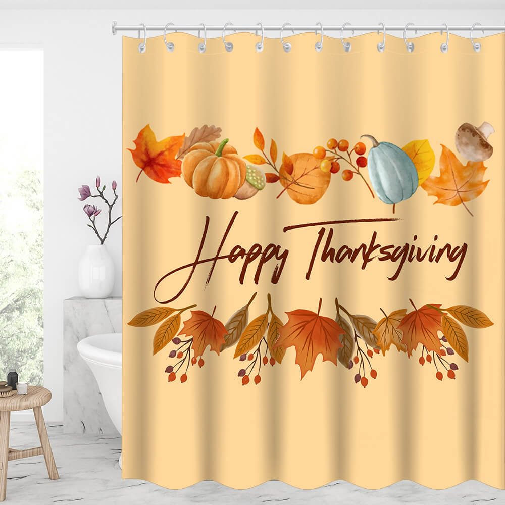 Happy Thanksgiving Maple Leaves Waterproof Shower Curtains With 12 Hooks-BlingPainting-Customized Products Make Great Gifts
