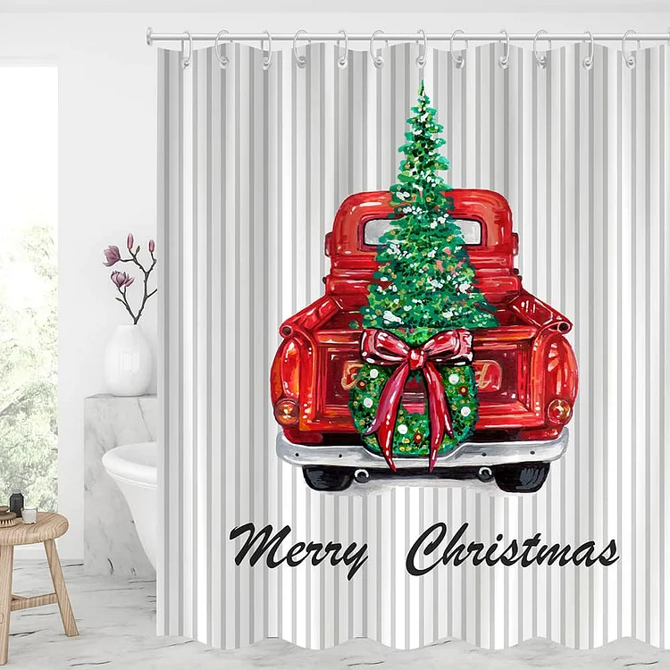 Merry Christmas Red Truck with Christmas Tree Shower Curtains With 12 Hooks, Best Gifts 2022-BlingPainting-Customized Products Make Great Gifts
