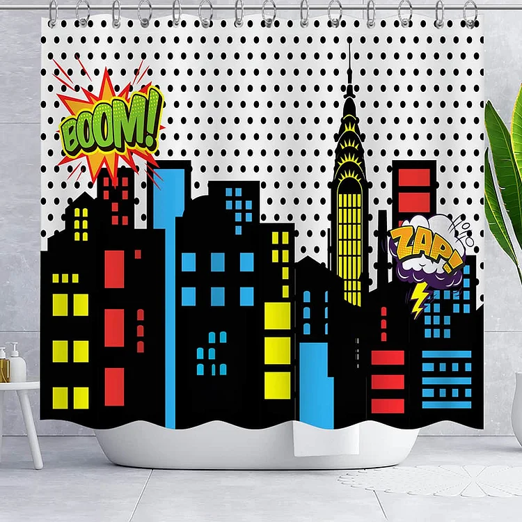 Superhero Style Night Cityscape Waterproof Shower Curtains With 12 Hooks-BlingPainting-Customized Products Make Great Gifts