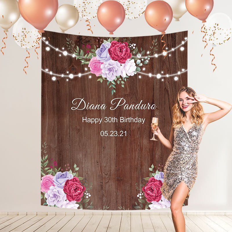 Custom Rustic Burgundy Blush Floral Birthday Backdrop-BlingPainting-Customized Products Make Great Gifts
