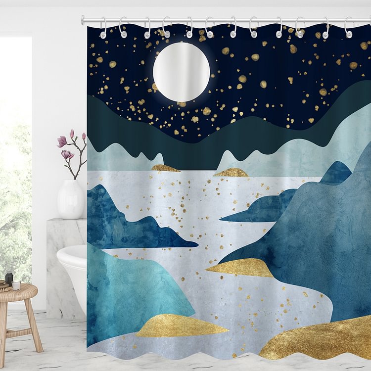 Waterproof Shower Curtains With 12 Hooks Bathroom Decor - Mountains Moon Night View-BlingPainting-Customized Products Make Great Gifts