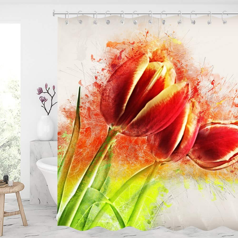 Colorful Tulip Waterproof Shower Curtains With 12 Hooks-BlingPainting-Customized Products Make Great Gifts