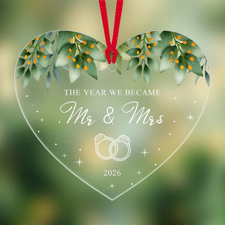 Personalized Clear Heart Acrylic Ornament 3.7"x3.15" – Transparent Wedding Keepsake with Red Ribbon, Mr & Mrs Christmas Decoration