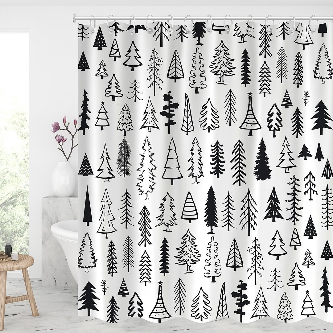 Waterproof Shower Curtains With 12 Hooks Christmas Presents - Line Art Christmas Trees-BlingPainting-Customized Products Make Great Gifts