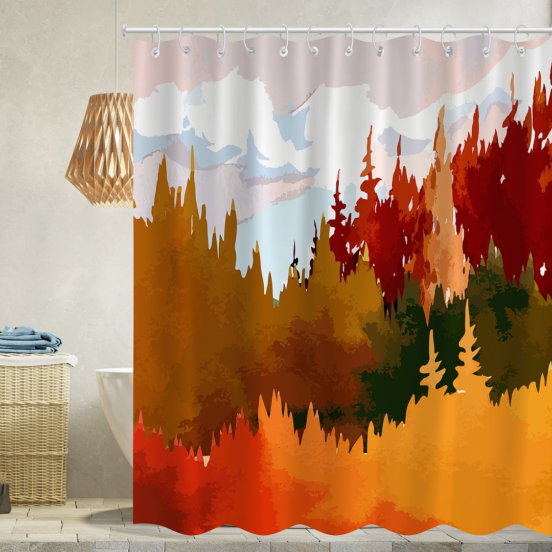 Watercolor Autumn Landscape Waterproof Shower Curtains With 12 Hooks-BlingPainting-Customized Products Make Great Gifts