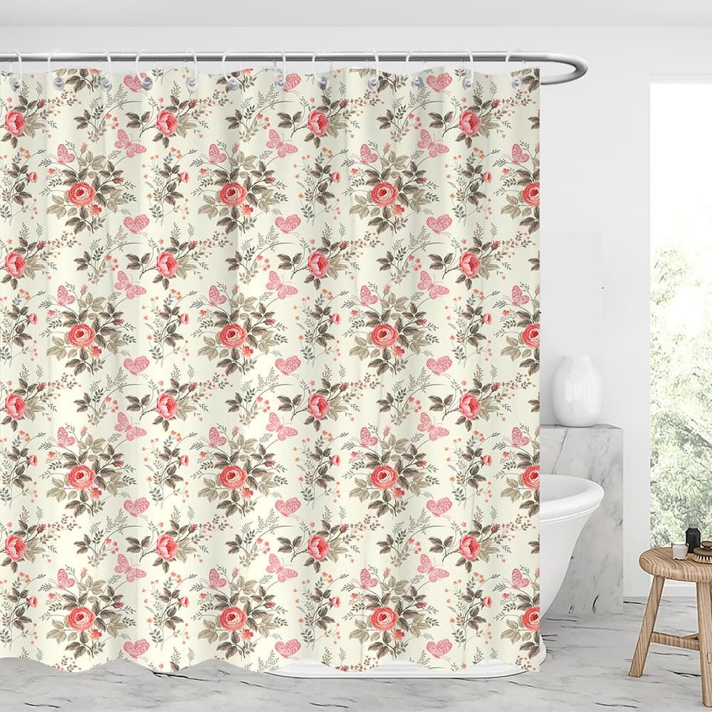 Pink Floral Waterproof Shower Curtains With 12 Hooks-BlingPainting-Customized Products Make Great Gifts