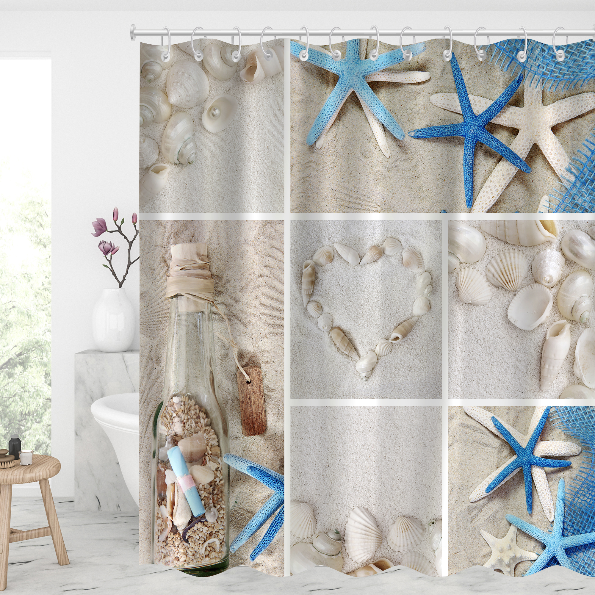 Shells & Drifting Bottles Waterproof Shower Curtains With 12 Hooks-BlingPainting-Customized Products Make Great Gifts
