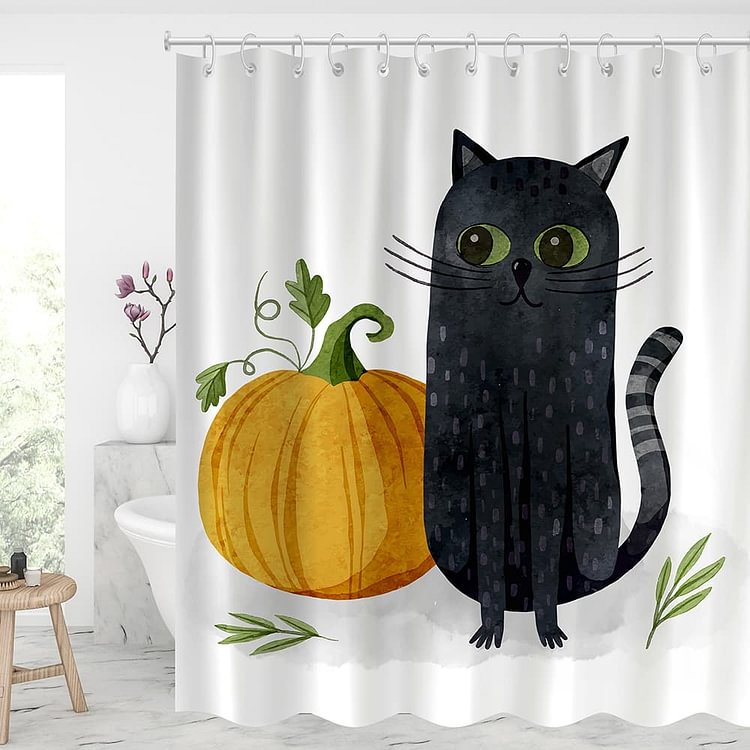 Halloween Black Cat with Pumpkin Shower Curtains With 12 Hooks-BlingPainting-Customized Products Make Great Gifts