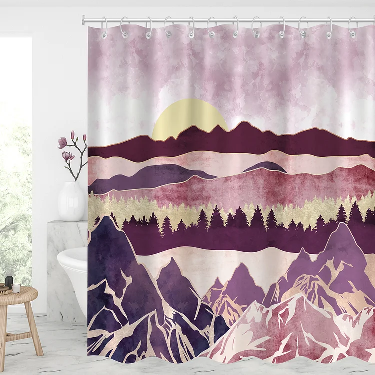 Waterproof Shower Curtains With 12 Hooks Bathroom Decor - Pink Mountains Forest-BlingPainting-Customized Products Make Great Gifts