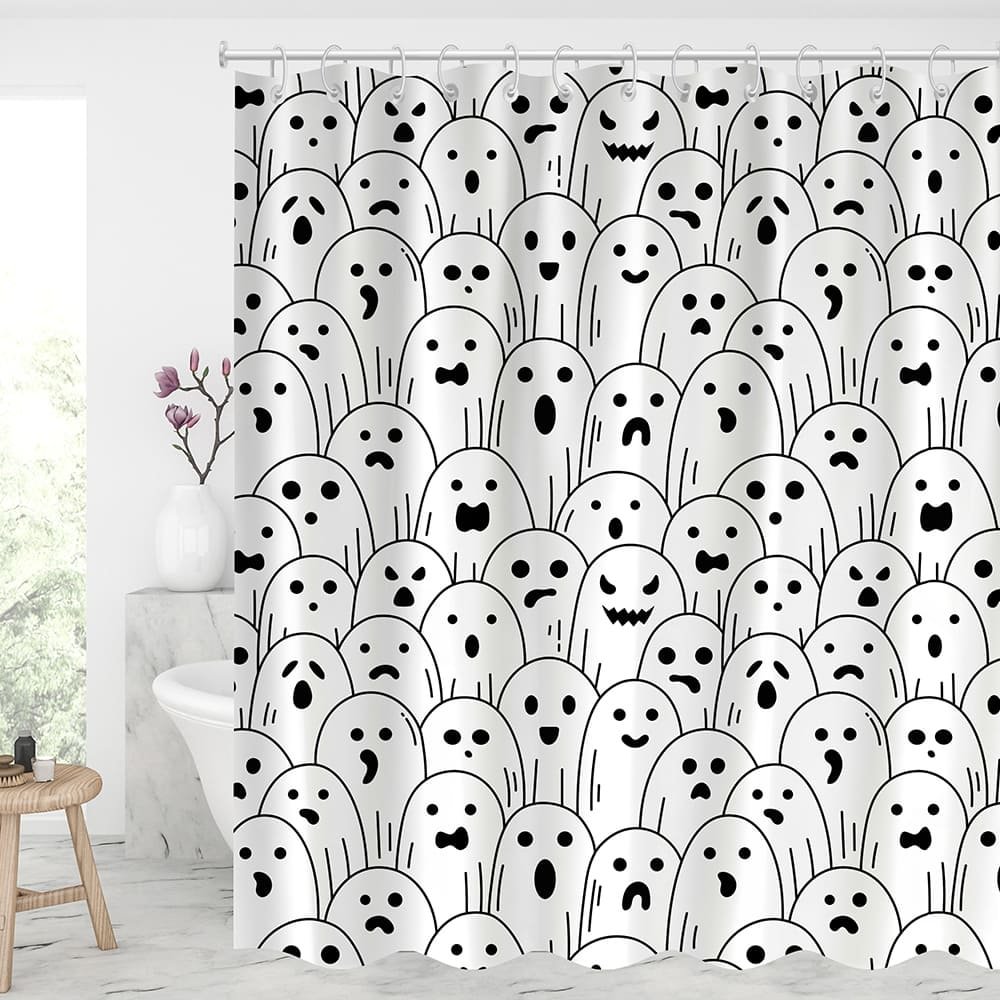 Halloween Kawaii Ghost Pattern Shower Curtains With 12 Hooks-BlingPainting-Customized Products Make Great Gifts