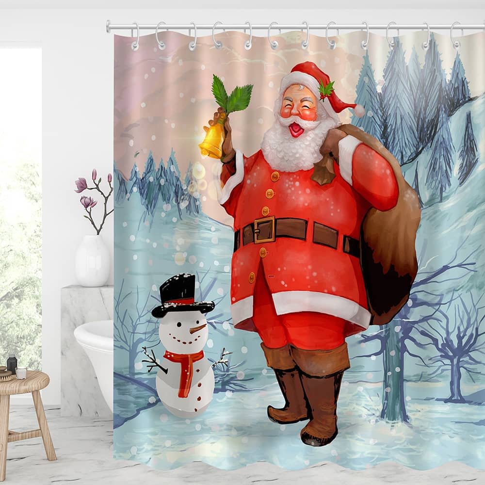 Christmas Happy Santa with Snowman Shower Curtains With 12 Hooks-BlingPainting-Customized Products Make Great Gifts