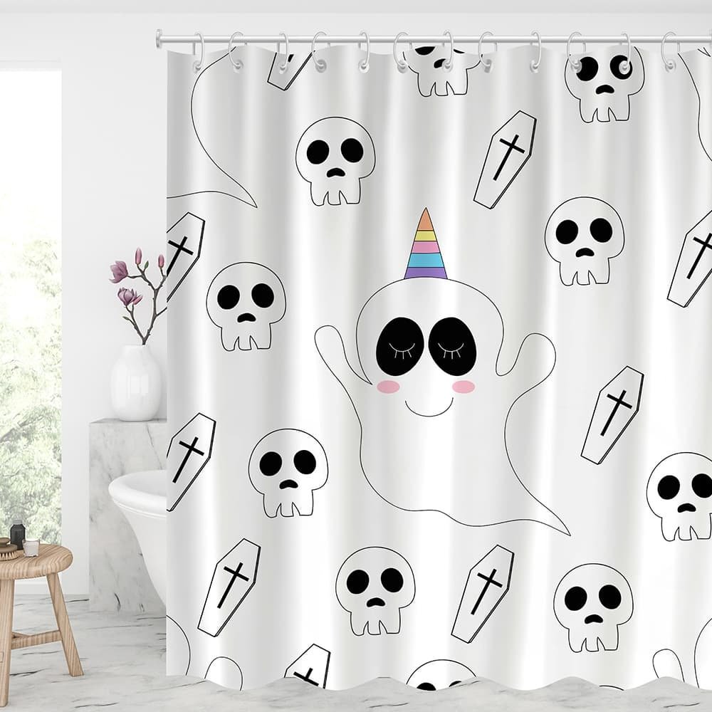Halloween Cute Ghost with Skull Shower Curtains With 12 Hooks-BlingPainting-Customized Products Make Great Gifts