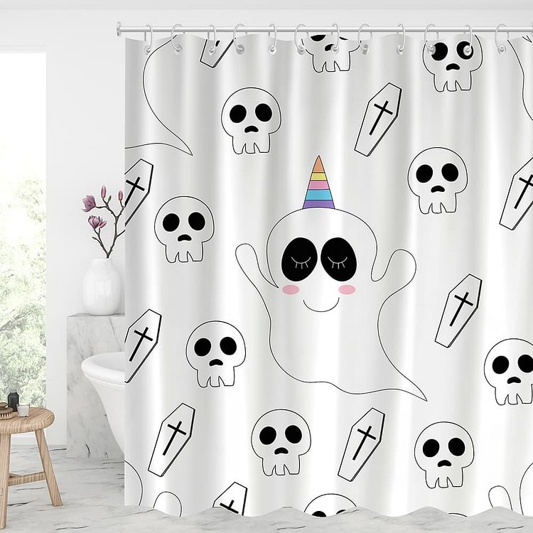 Halloween Cute Ghost with Skull Shower Curtains With 12 Hooks-BlingPainting-Customized Products Make Great Gifts