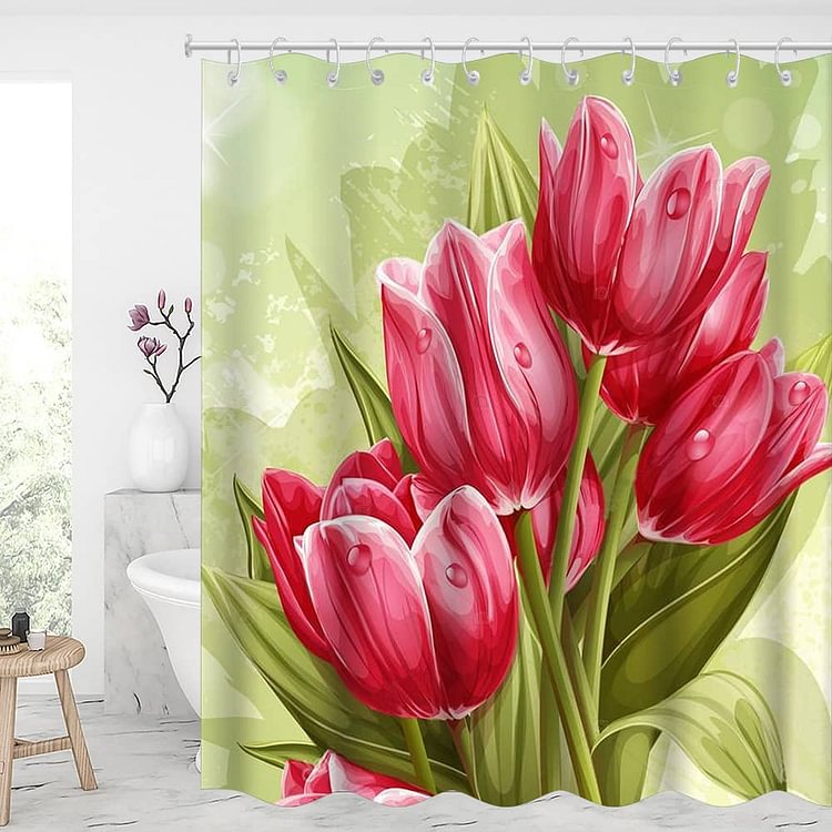 Red Tulip Waterproof Shower Curtains With 12 Hooks-BlingPainting-Customized Products Make Great Gifts