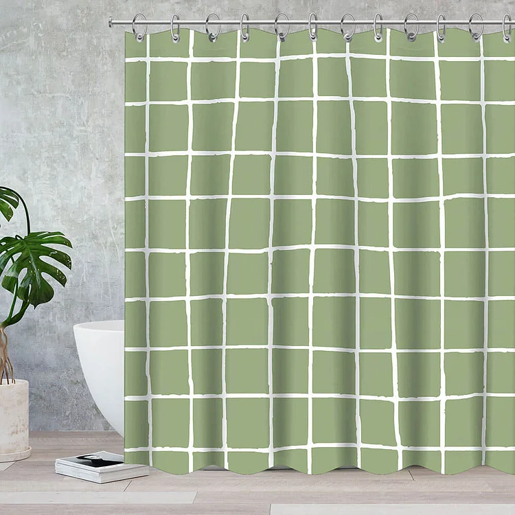 Classic Light Green Plaid Waterproof Shower Curtains With 12 Hooks-BlingPainting-Customized Products Make Great Gifts