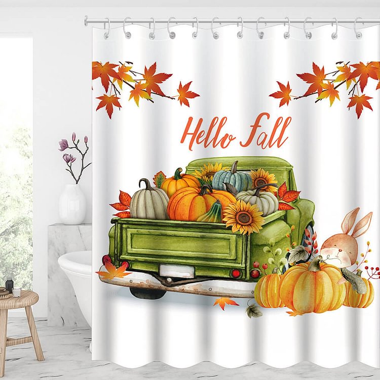 Hello Fall Retro Truck Waterproof Shower Curtains With 12 Hooks-BlingPainting-Customized Products Make Great Gifts