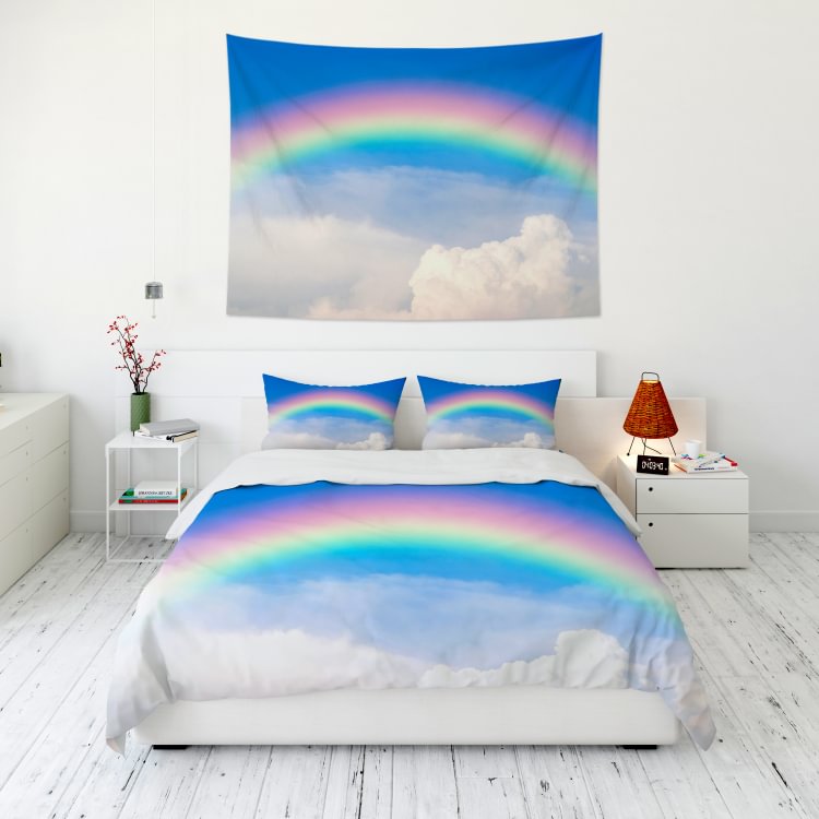 Blue Sky Rainbow Clouds Tapestry Wall Hanging and 3Pcs Bedding Set Home Decor-BlingPainting-Customized Products Make Great Gifts