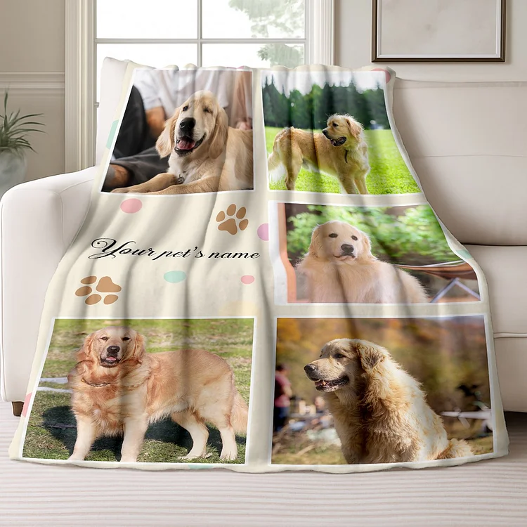 Custom Pet Photo Collage Flannel Blanket — Personalized 5 Picture Throw Blanket with Dog or Cat Photos