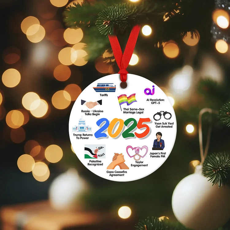 2025 Year-in-Review Acrylic Ornament – Round Christmas Keepsake with Red Ribbon | Double-Sided Printing